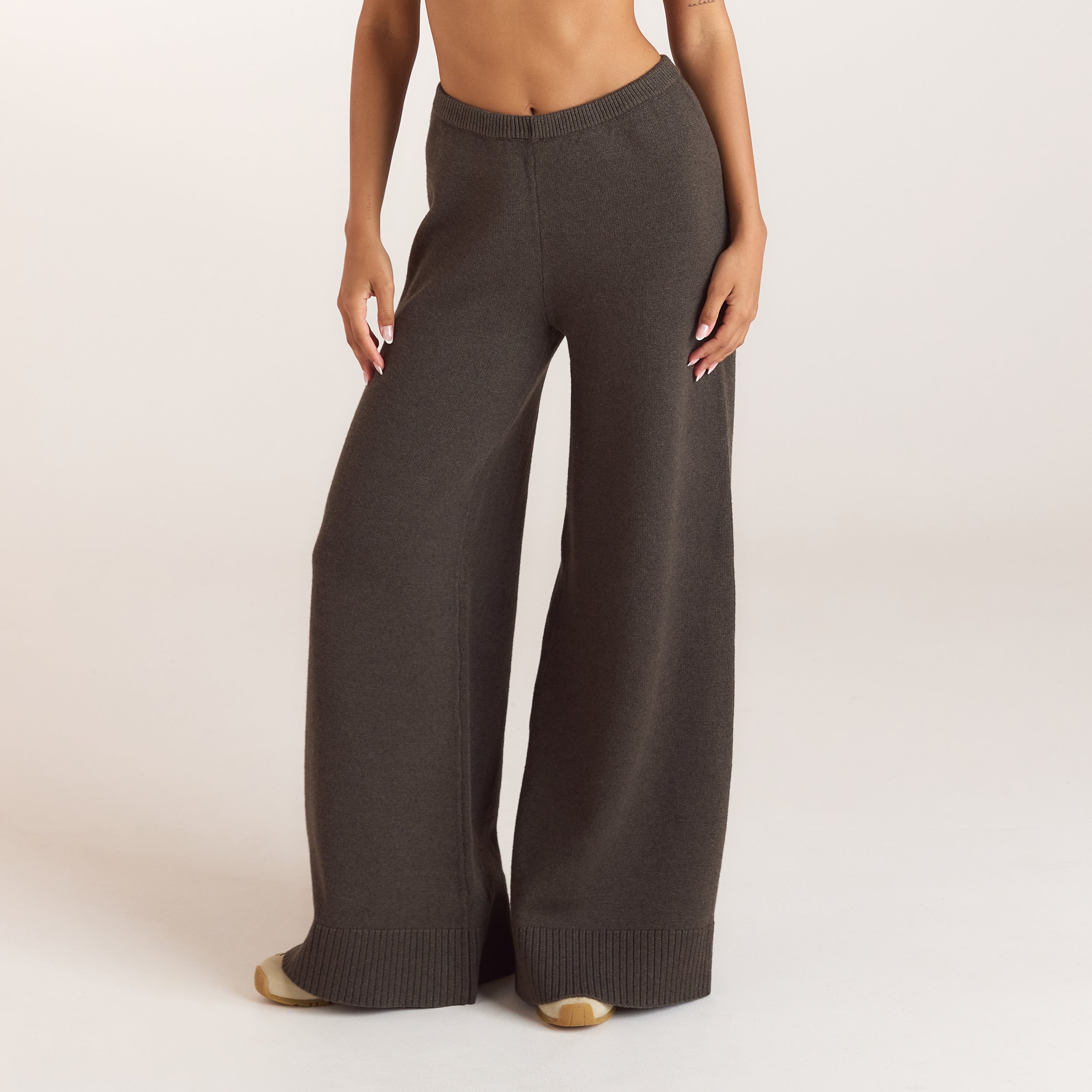 Pantalon en Maille à Ourlets Côtelés - Vert Mousse