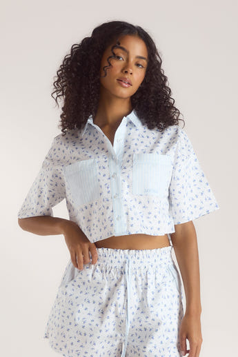 Chemise de Pyjama à Manches Courtes Bloom & Stripe - Bleu