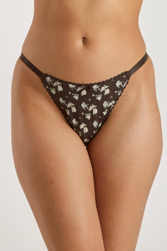Culotte Triangle Brésilienne en Pointelle - Marron Floral