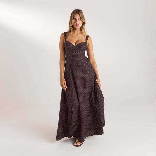 Robe Maxi avec Bordure en Dentelle - Chocolat à Pois
