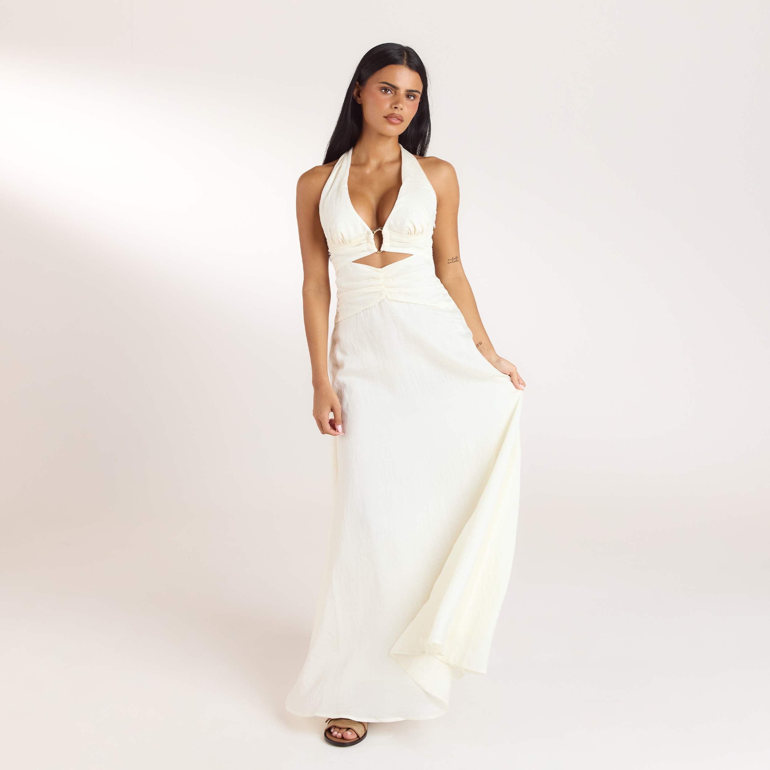 Robe Longue avec Fronces en Tencel - Crème