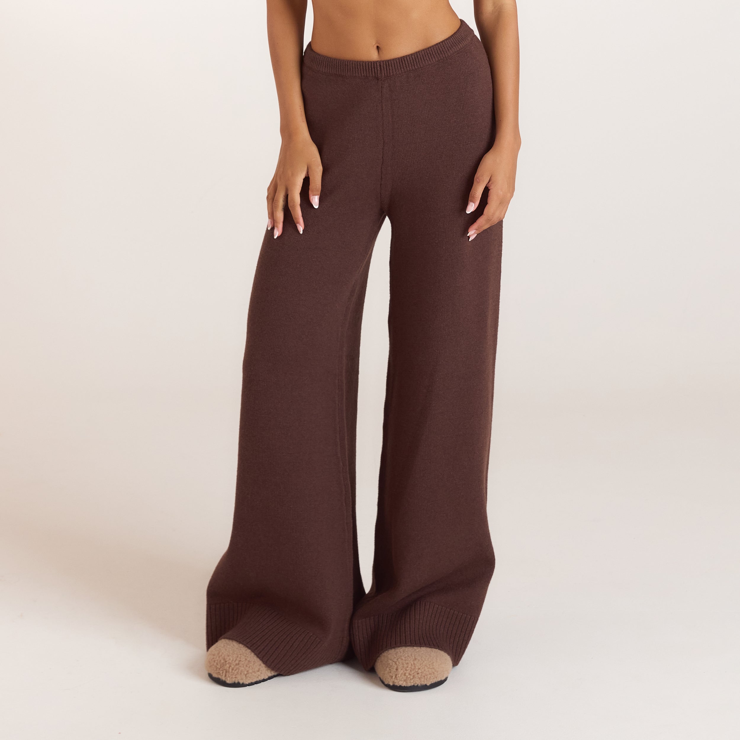 Pantalon en Maille à Ourlets Côtelés - Chocolat