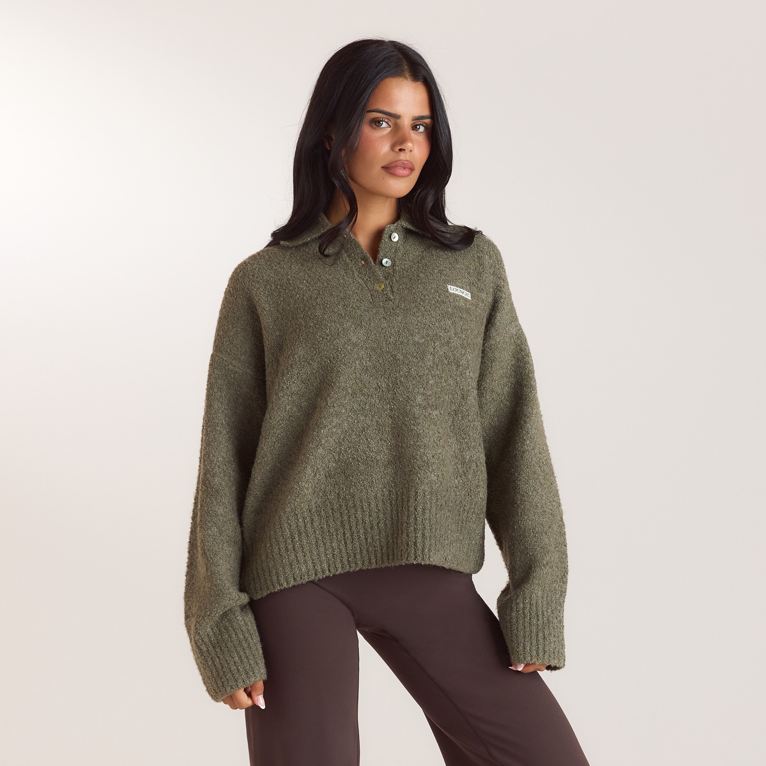 Pull Polo en Maille Bouclée | Pull Polo en Maille Bouclée - Kaki