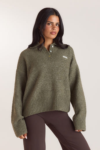 Pull Polo en Maille Bouclée - Kaki alternate