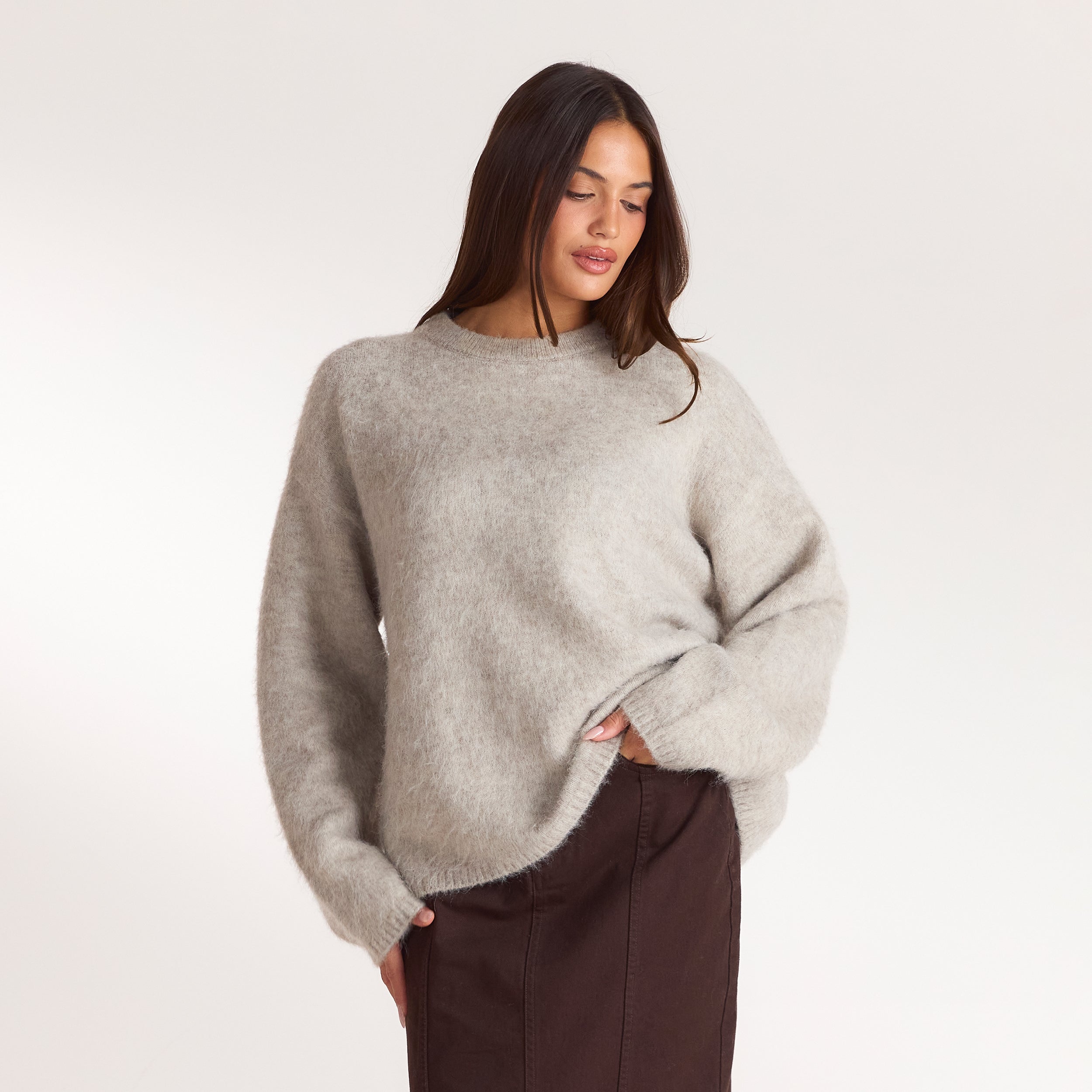 Pull en Maille Duveteuse - Gris Chaud