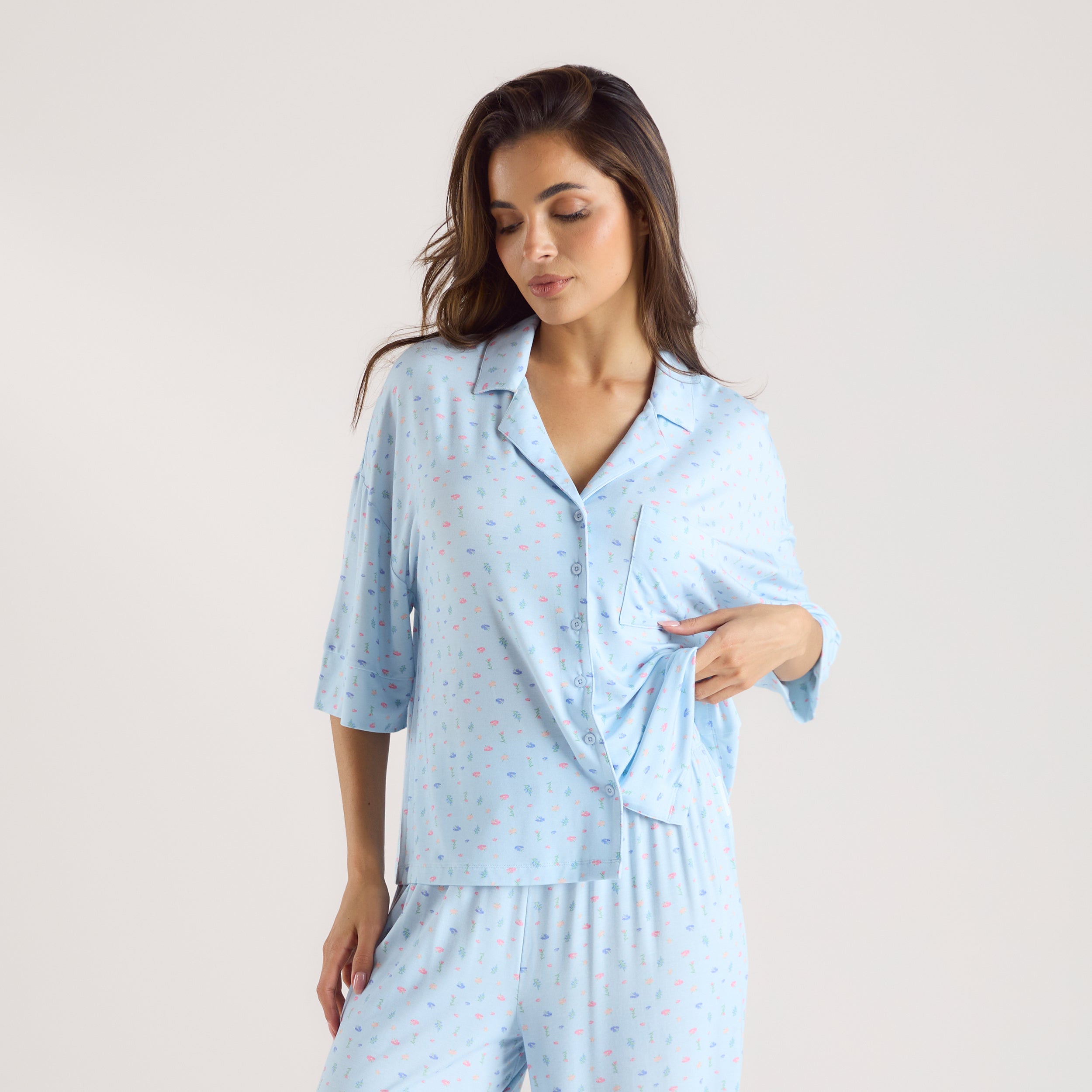 Chemise de Pyjama à Manches Courtes en Modal - Bleu Floral