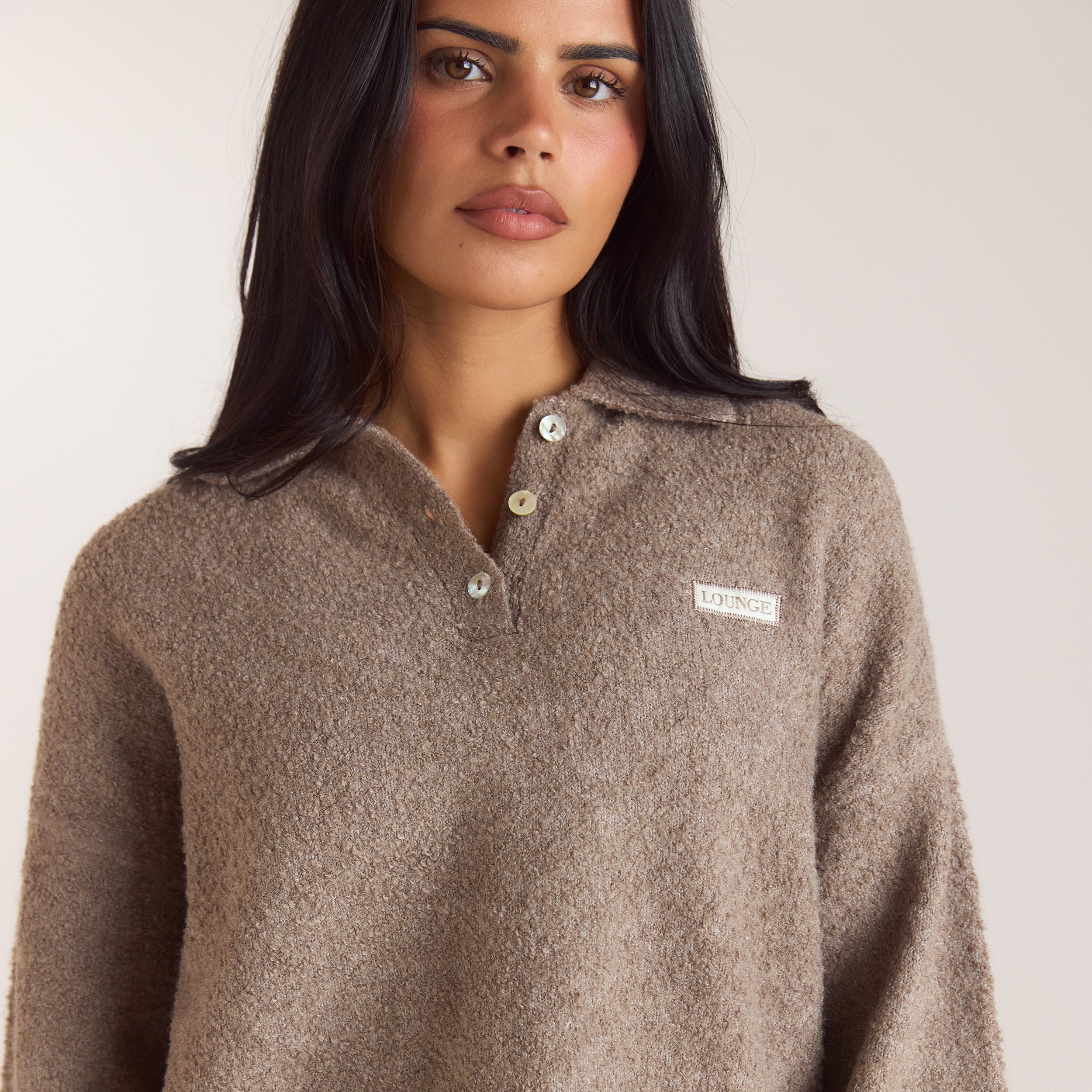 Pull Polo en Maille Bouclée | Pull Polo en Maille Bouclée - Taupe