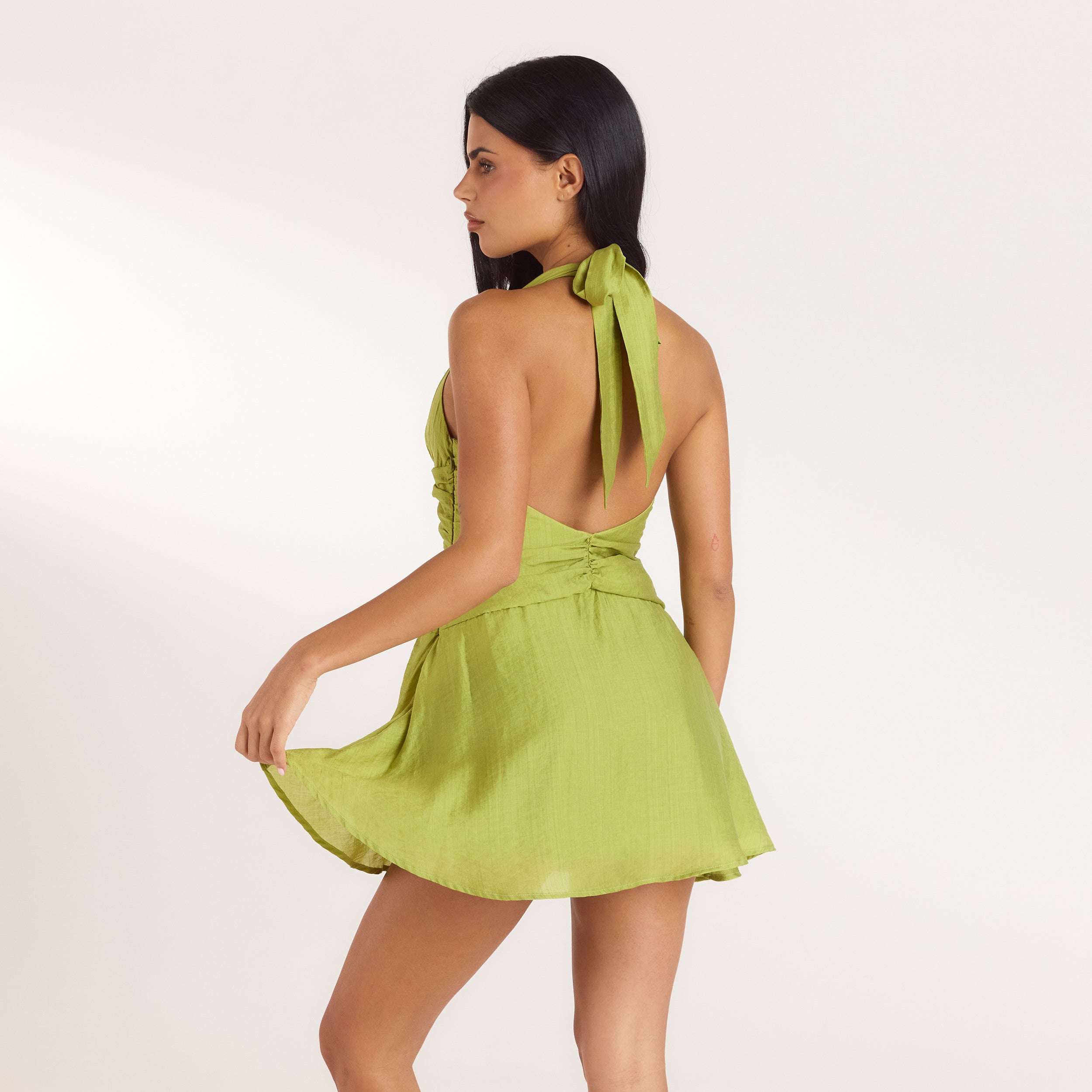 Robe Courte avec Fronces en Tencel | Robe Courte avec Fronces en Tencel - Vert Lime