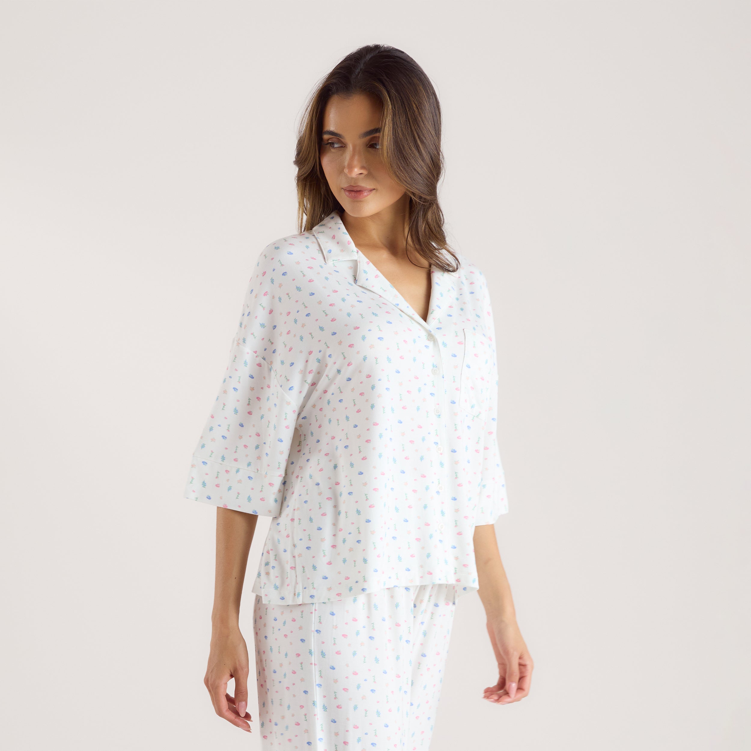Chemise de Pyjama à Manches Courtes en Modal | Chemise de Pyjama à Manches Courtes en Modal - Blanc Floral