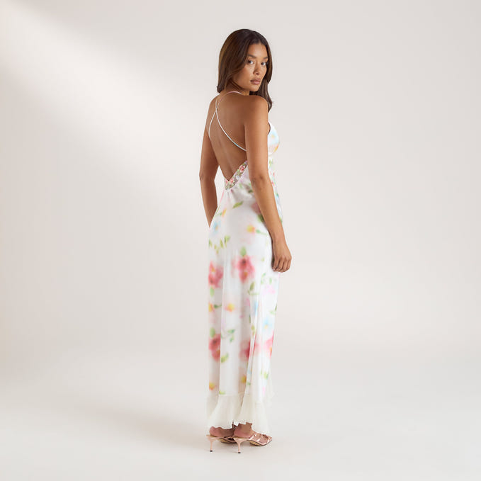 Flora Aurora Robe Robe Maxi en Satin Imprimé Aurora - Motif Floral