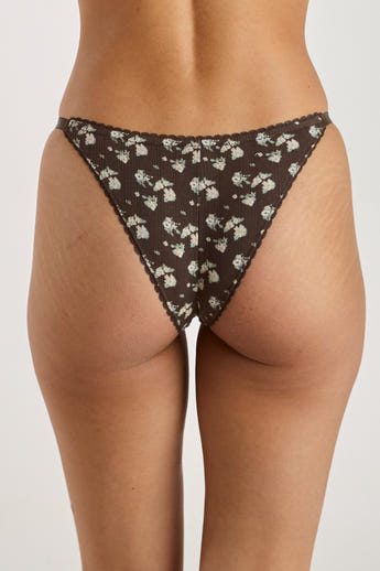 Culotte Triangle Brésilienne en Pointelle - Marron Floral alternate