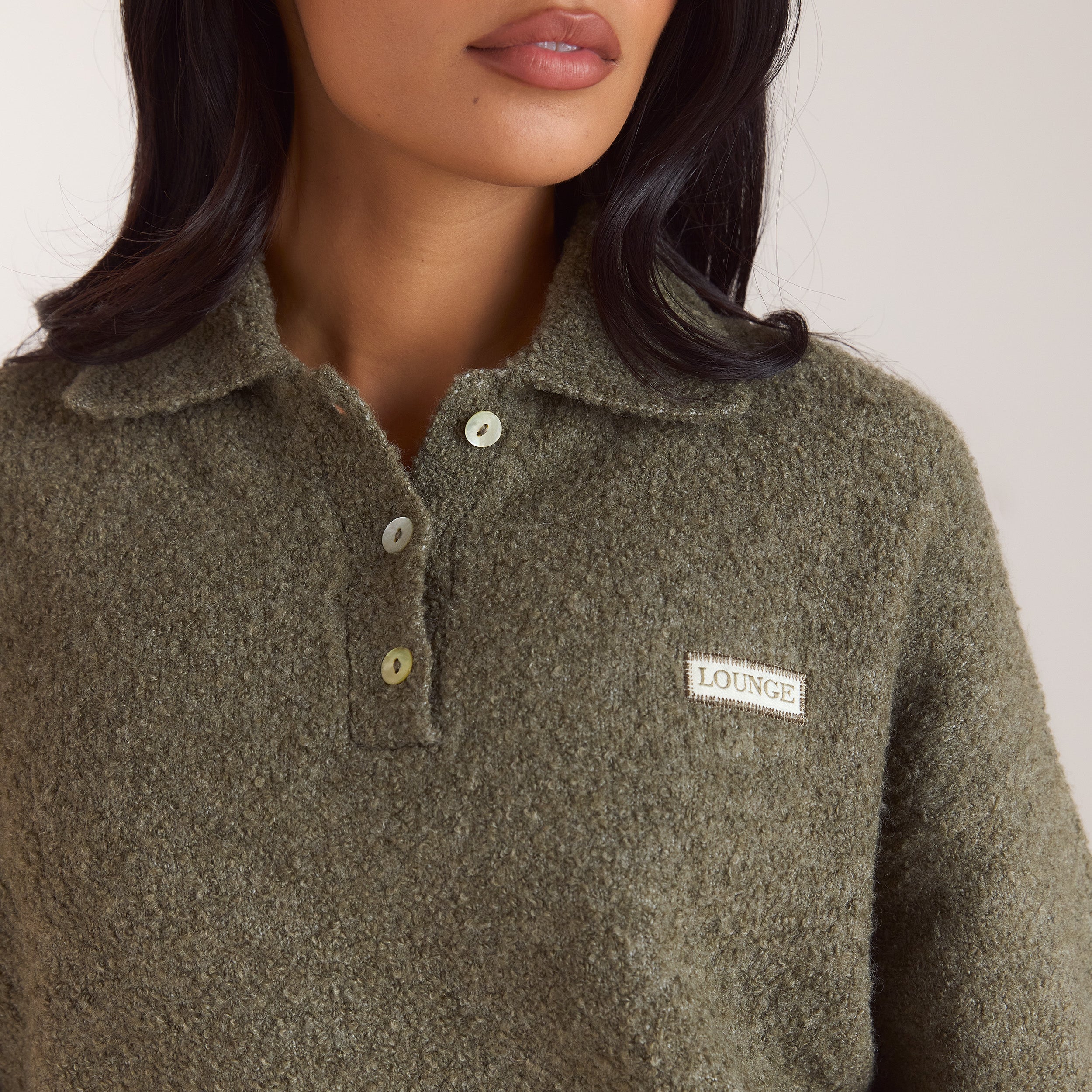 Pull Polo en Maille Bouclée | Pull Polo en Maille Bouclée - Kaki