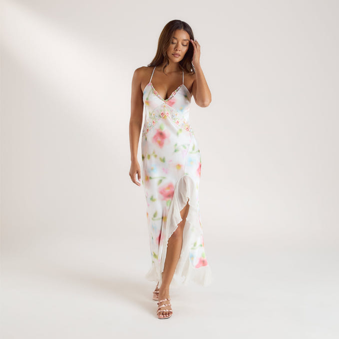 Flora Aurora Robe Robe Maxi en Satin Imprimé Aurora - Motif Floral