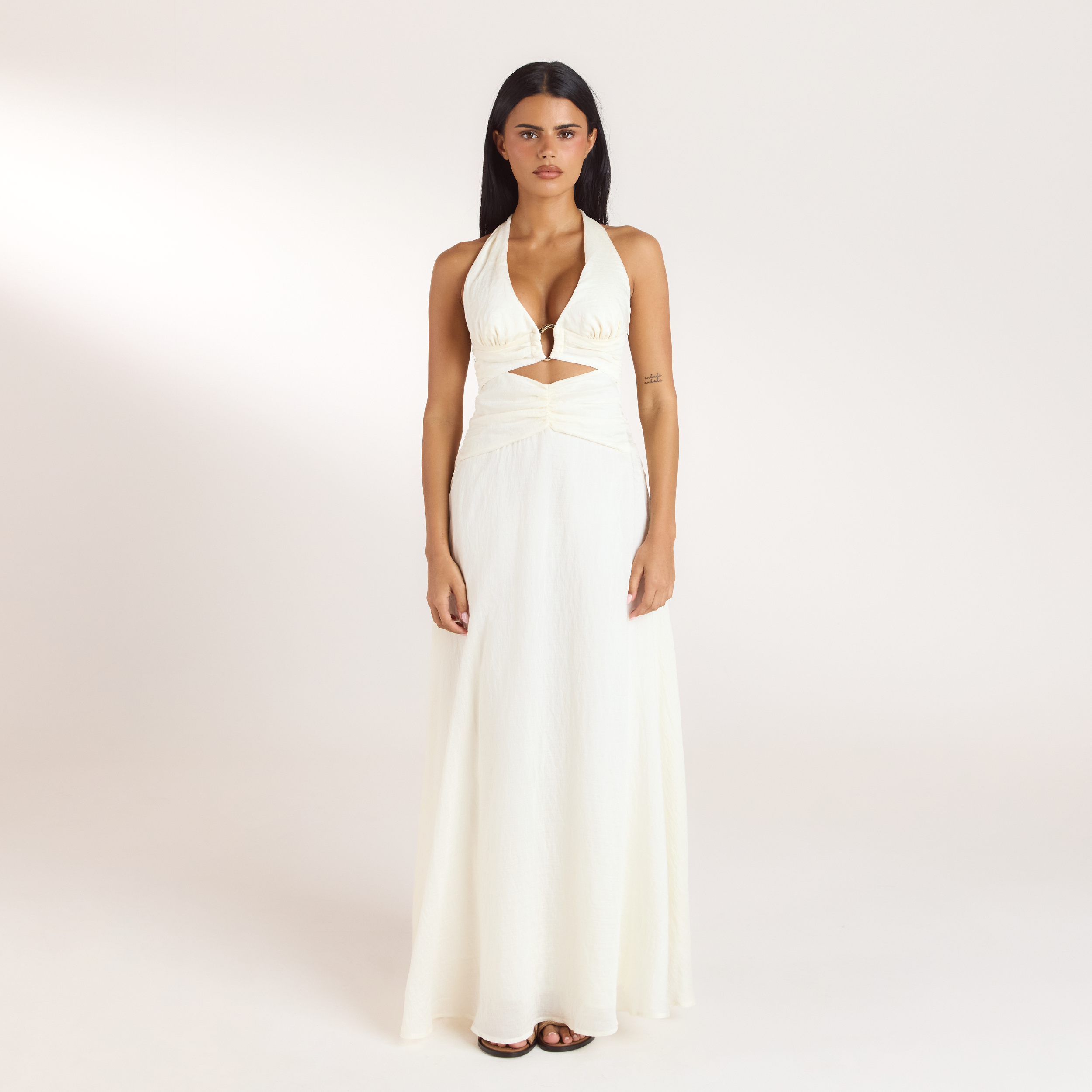 Robe Longue avec Fronces en Tencel | Robe Longue avec Fronces en Tencel - Crème