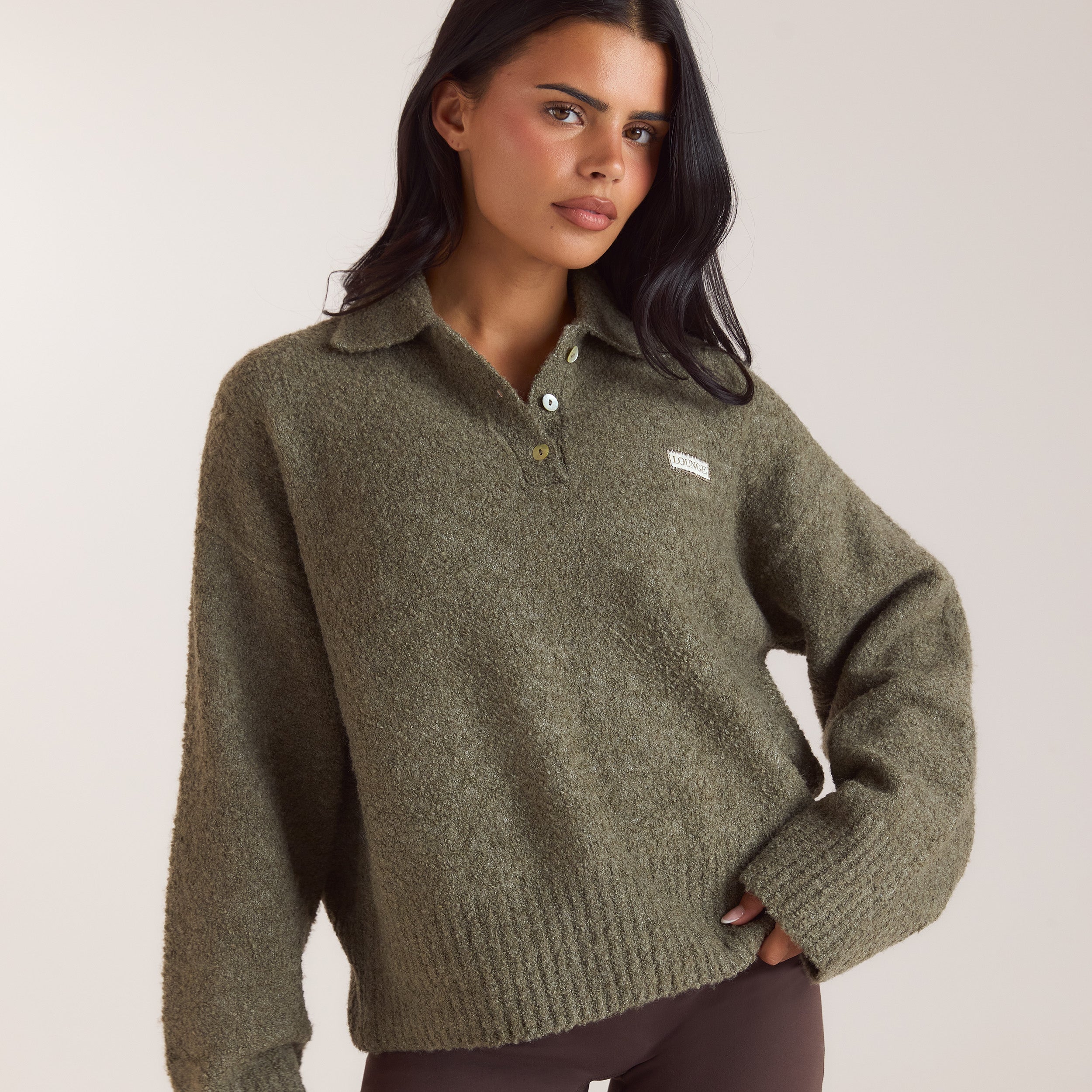 Pull Polo en Maille Bouclée | Pull Polo en Maille Bouclée - Kaki