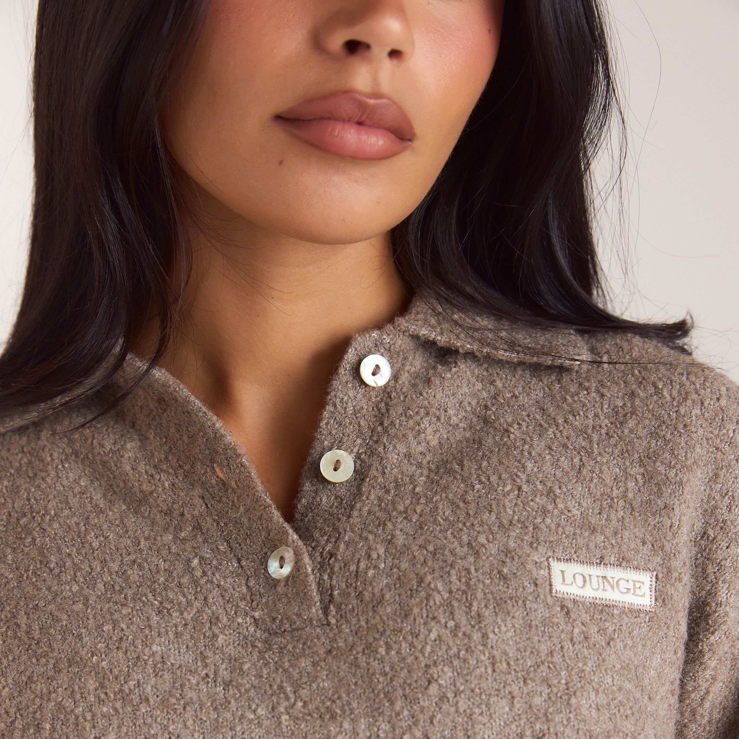 Pull Polo en Maille Bouclée | Pull Polo en Maille Bouclée - Taupe