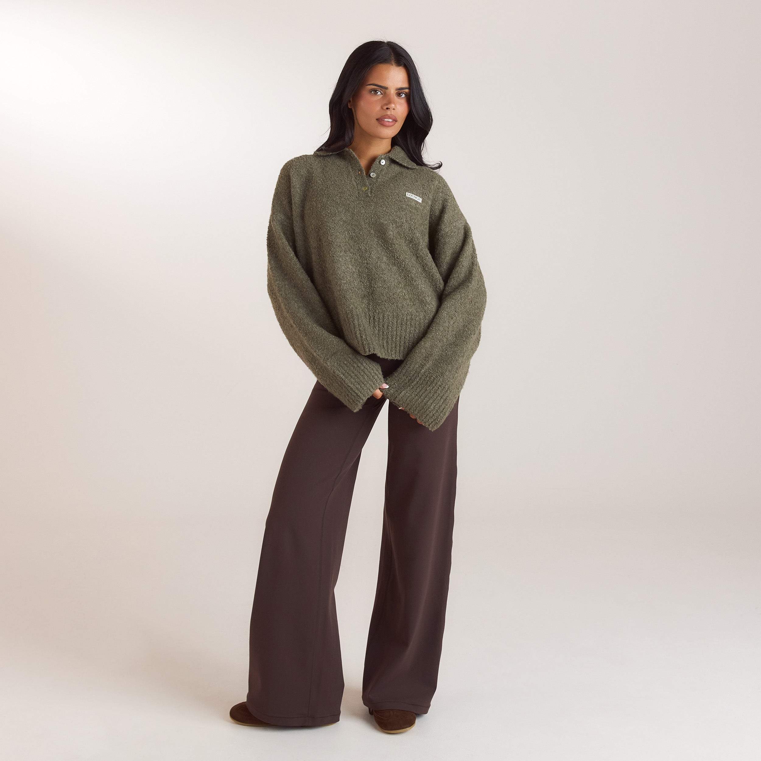 Pull Polo en Maille Bouclée | Pull Polo en Maille Bouclée - Kaki