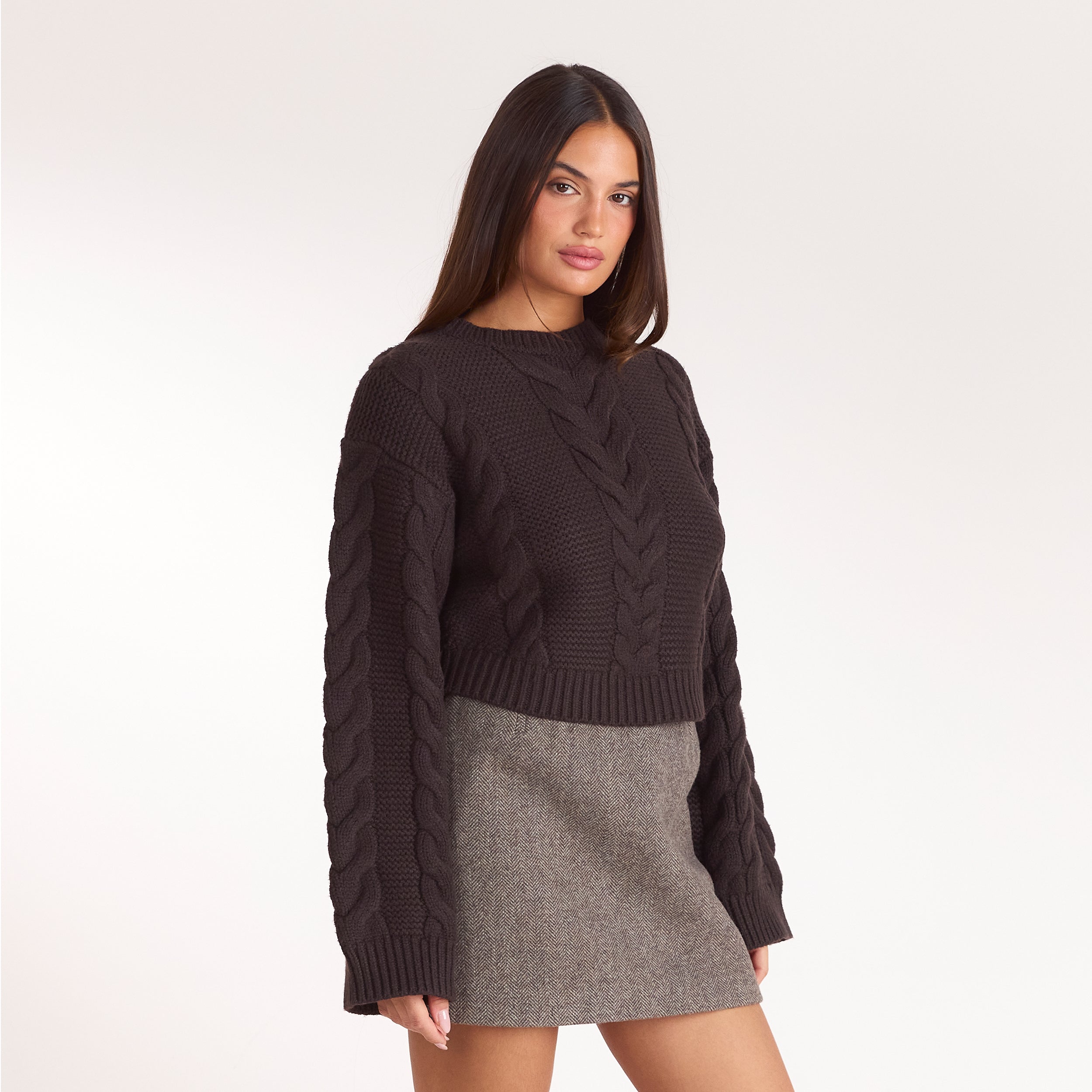 Pull Court en Maille Torsadée | Pull Court en Maille Torsadée - Chocolat Noir