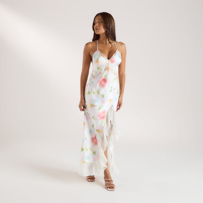 Flora Aurora Robe Robe Maxi en Satin Imprimé Aurora - Motif Floral