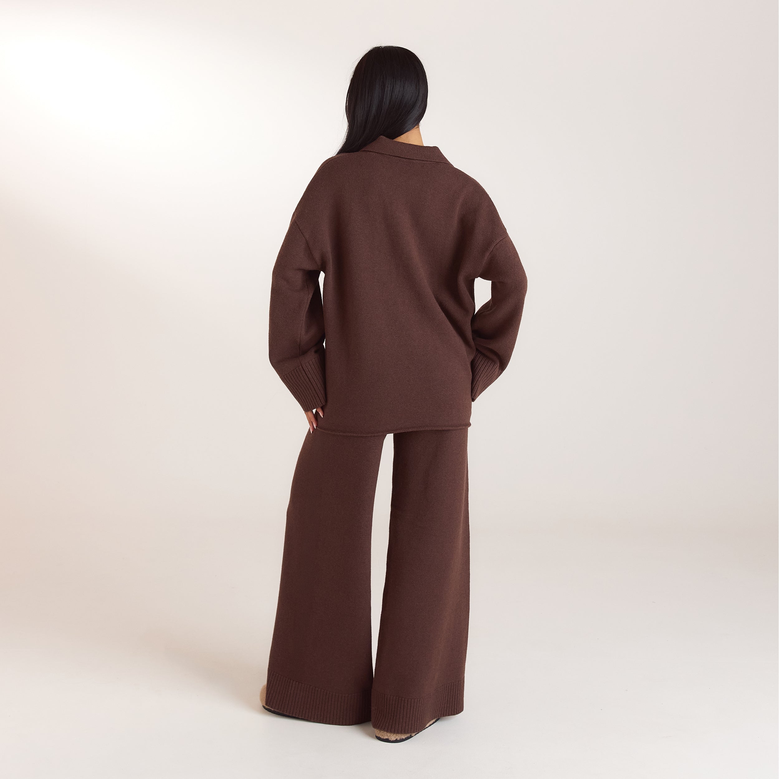 Pantalon en Maille à Ourlets Côtelés | Pantalon en Maille à Ourlets Côtelés - Chocolat