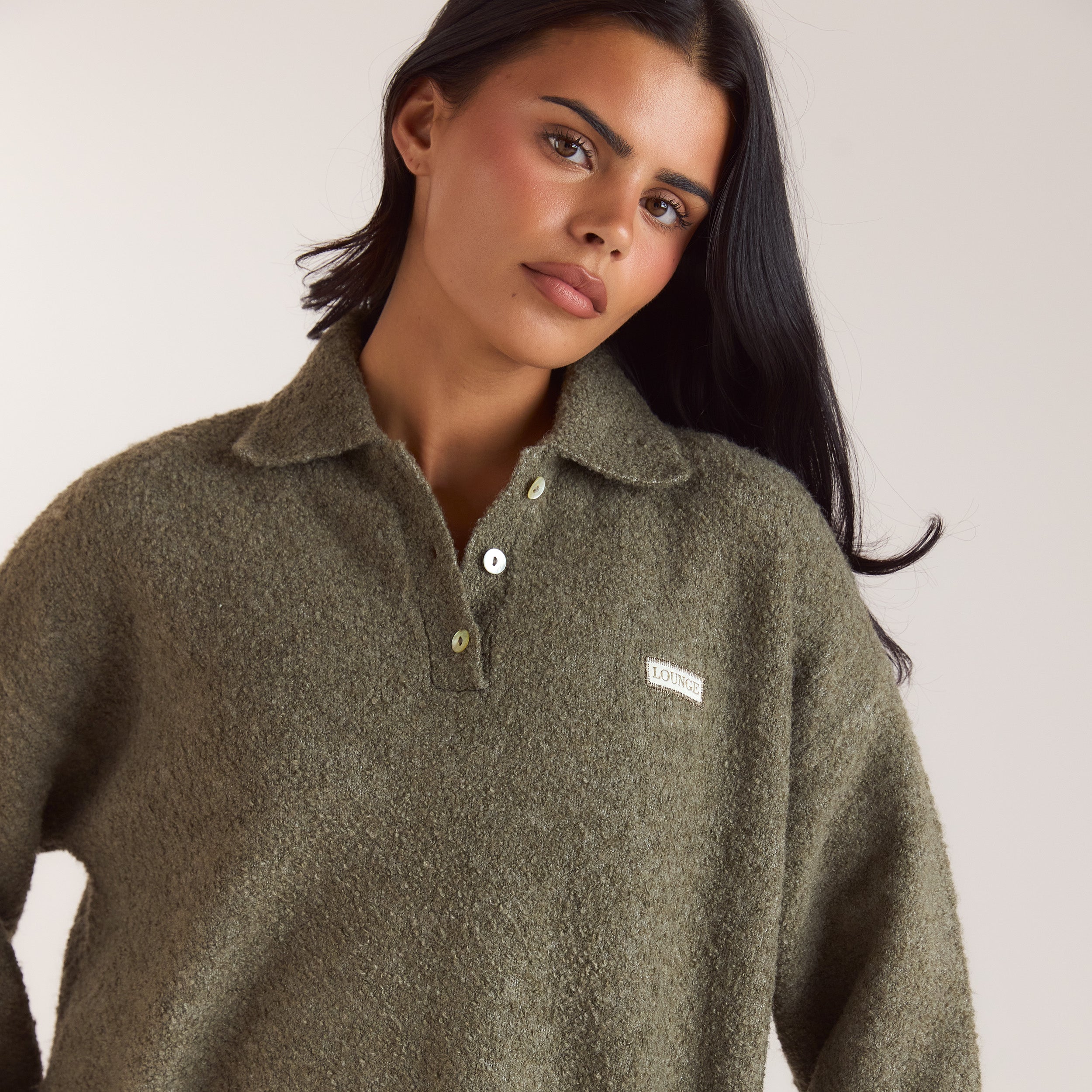 Pull Polo en Maille Bouclée | Pull Polo en Maille Bouclée - Kaki