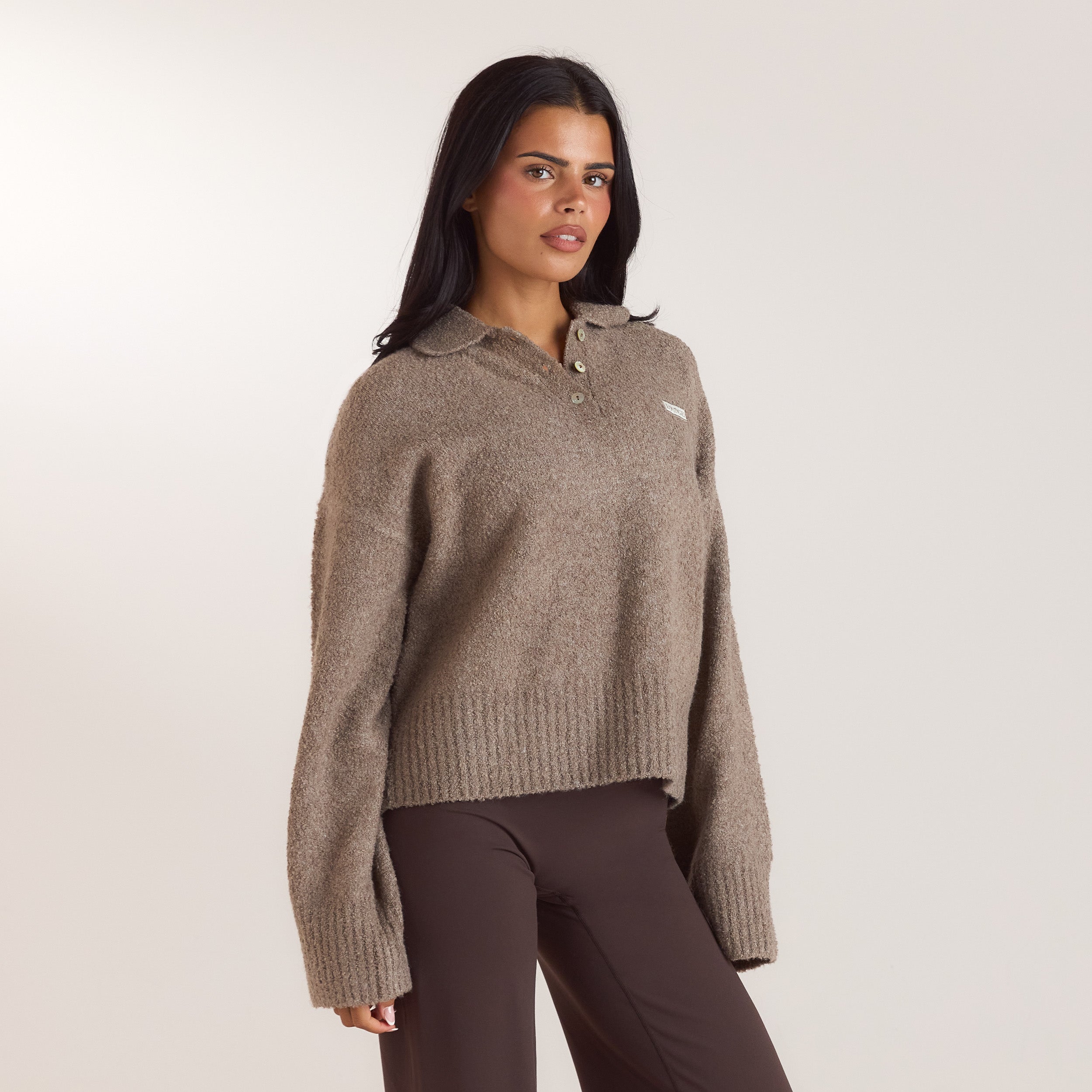 Pull Polo en Maille Bouclée | Pull Polo en Maille Bouclée - Taupe