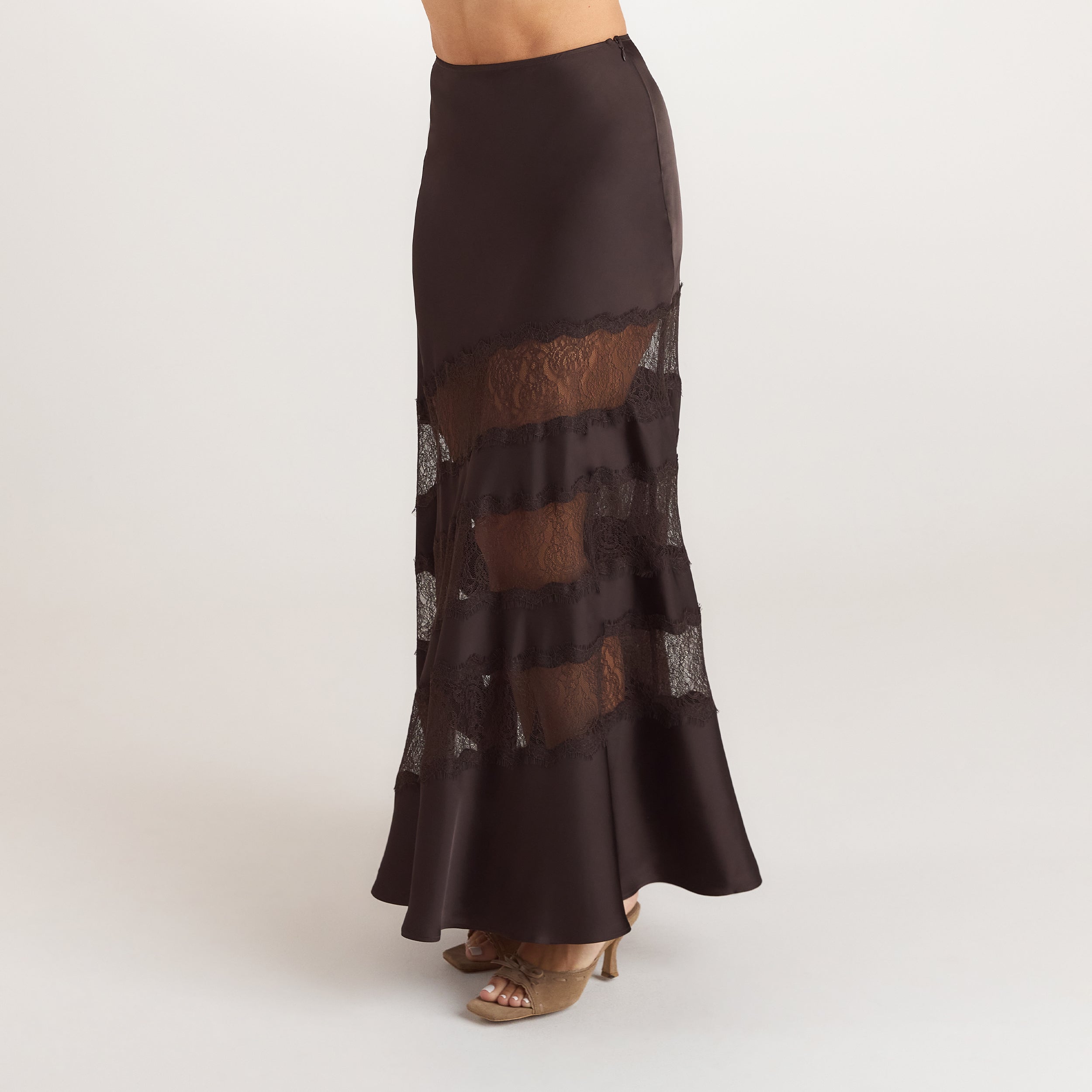 Jupe Maxi avec Empiècements en Dentelle | Jupe Maxi avec Empiècements en Dentelle - Chocolat