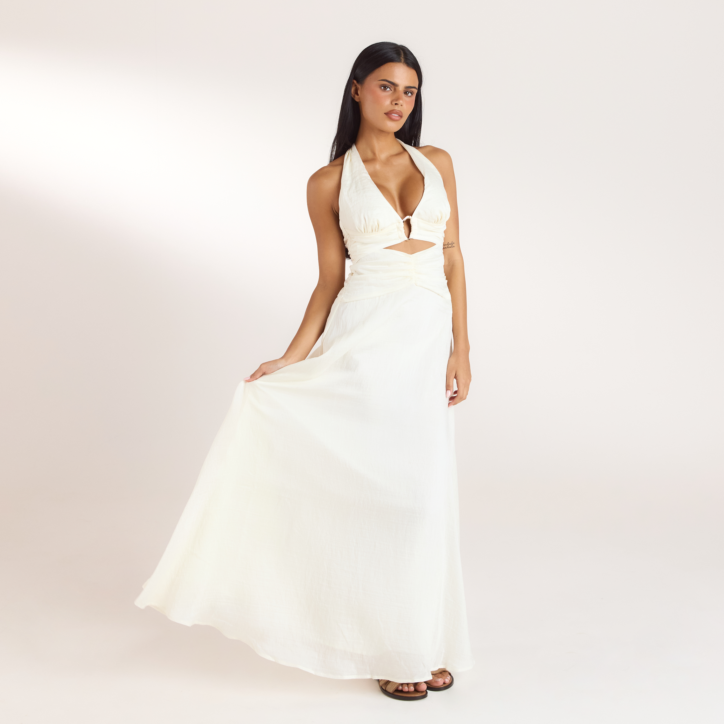 Robe Longue avec Fronces en Tencel | Robe Longue avec Fronces en Tencel - Crème