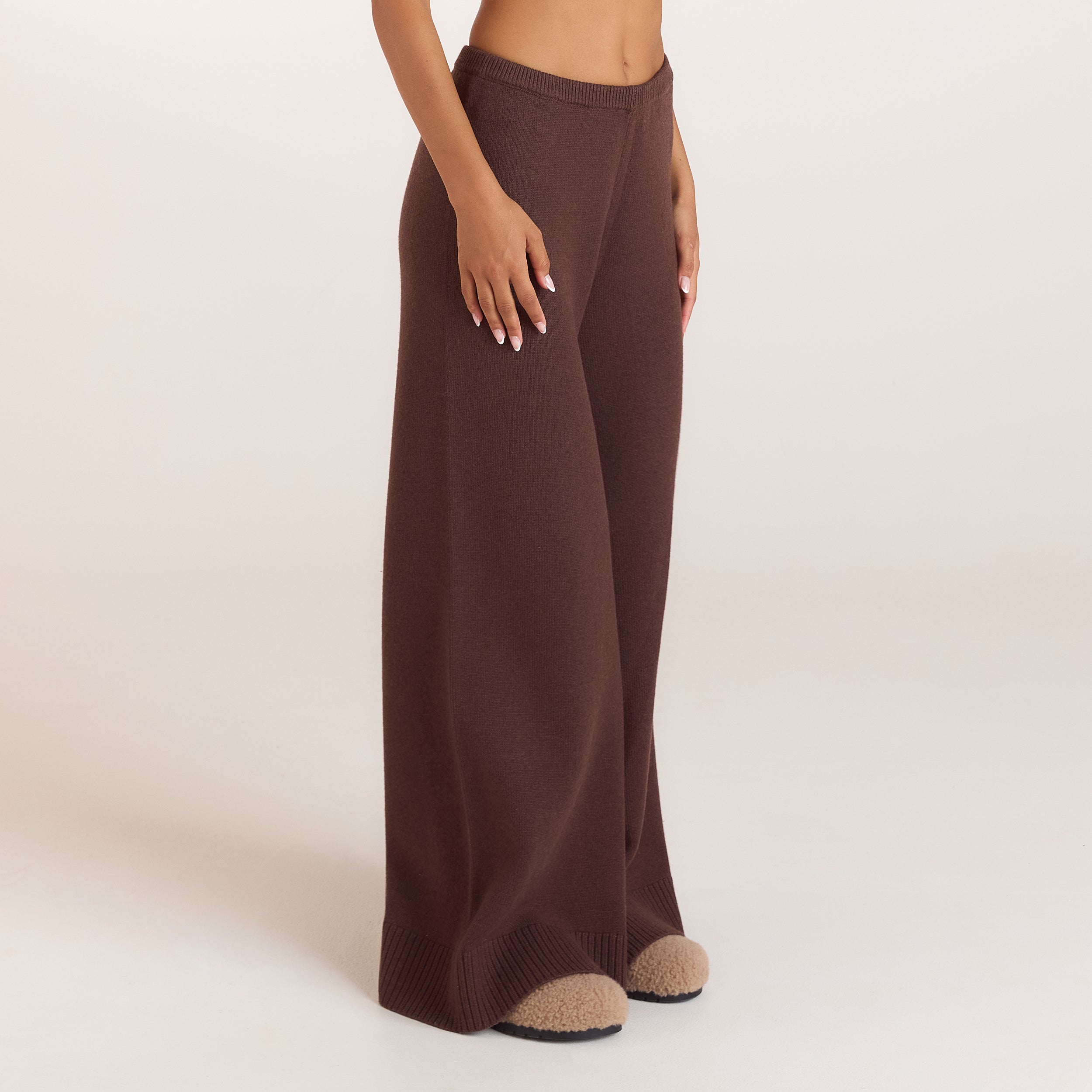Pantalon en Maille à Ourlets Côtelés | Pantalon en Maille à Ourlets Côtelés - Chocolat